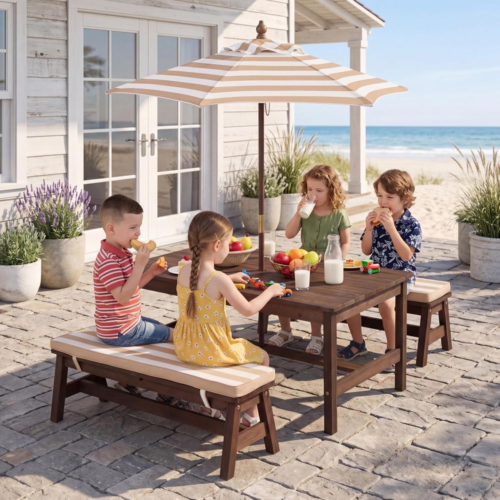 Kids Outdoor Bench With Umbrella - طاولة نزهة للأطفال، سطح طاولة كبير