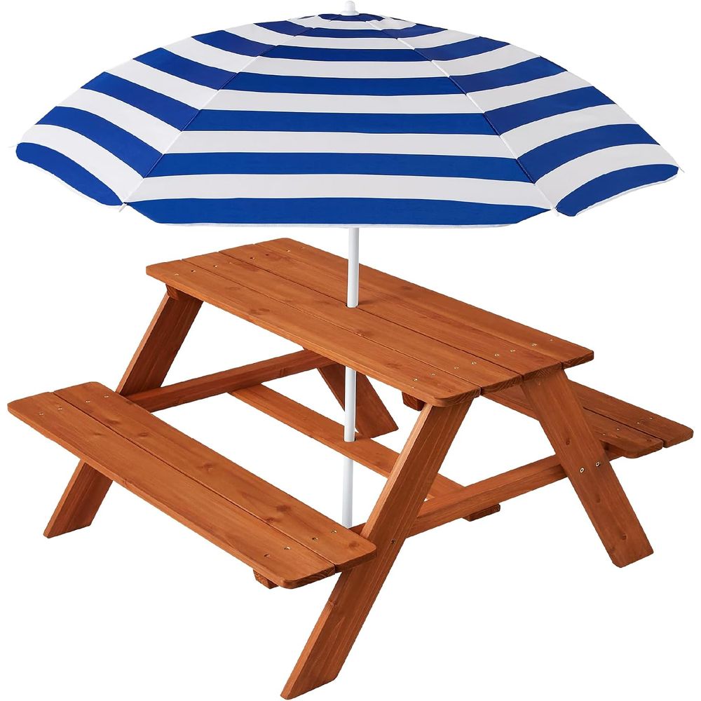 Kids Outdoor Bench With Umbrella - طاولة نزهة خشبية للأطفال مع مظلة،