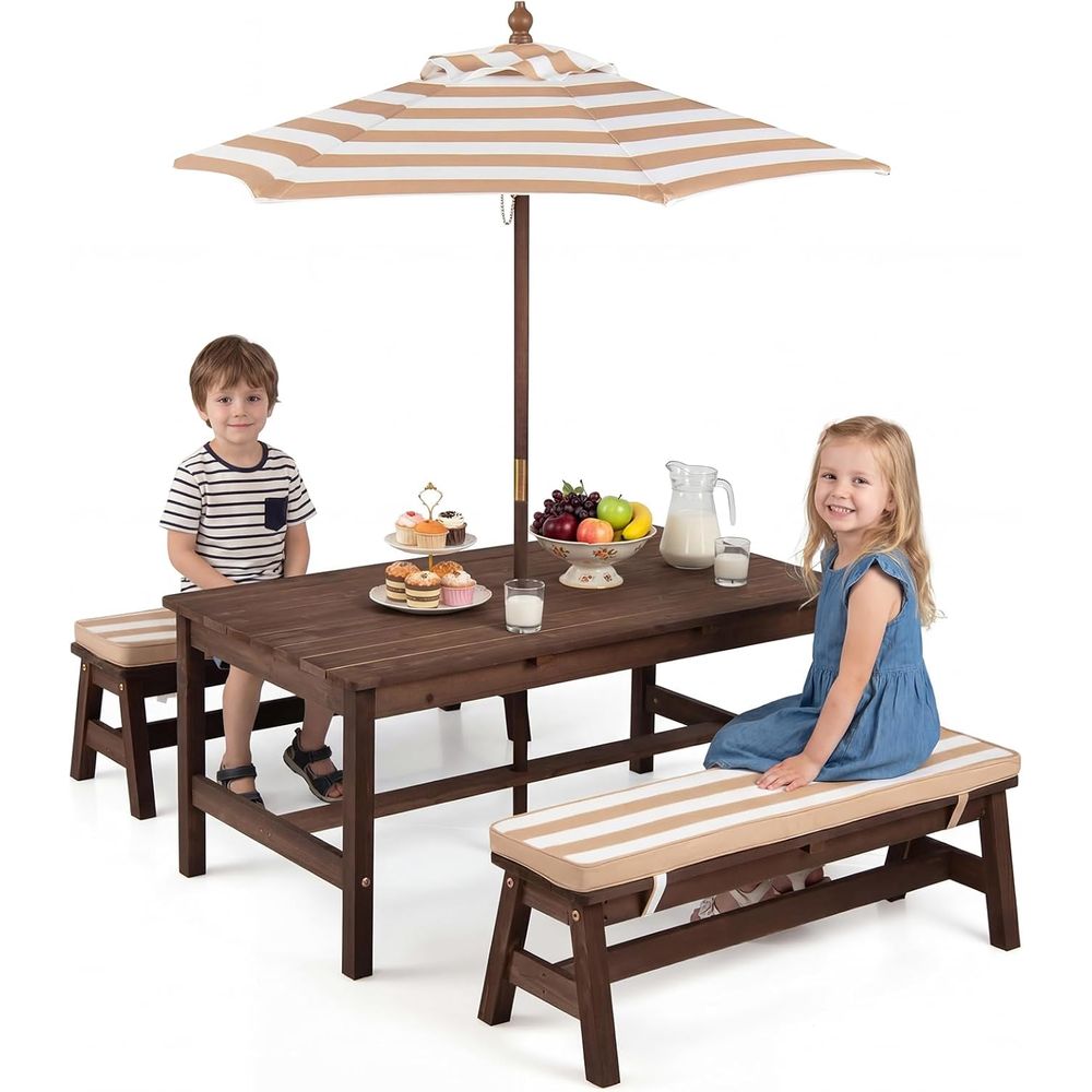 Kids Outdoor Bench With Umbrella - طاولة نزهة للأطفال، طاولة خشبية للأطفال