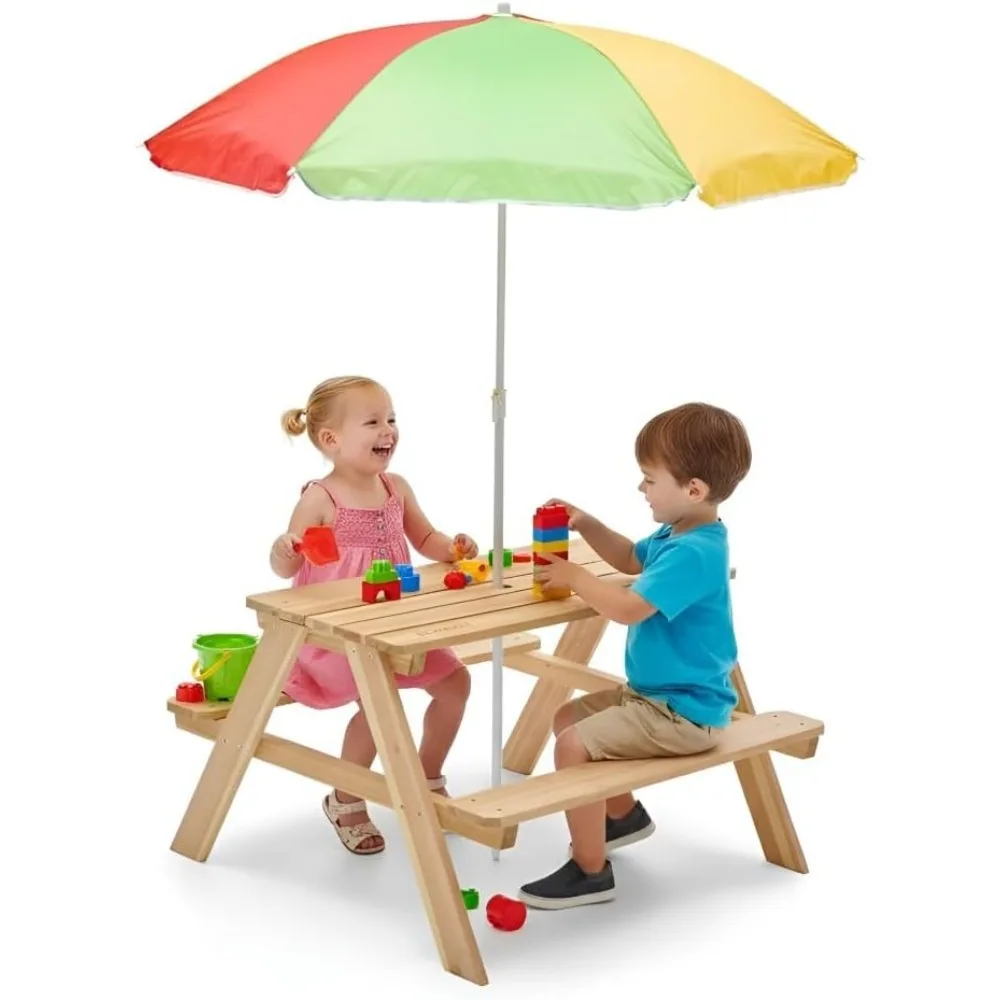 Kids Outdoor Bench With Umbrella - طاولة نزهة خشبية للأطفال مع مظلة