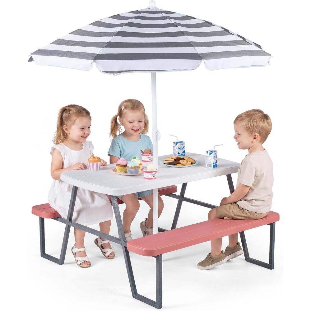Kids Outdoor Bench With Umbrella - طاولة نزهة للأطفال، طاولة ومقعد خارجي