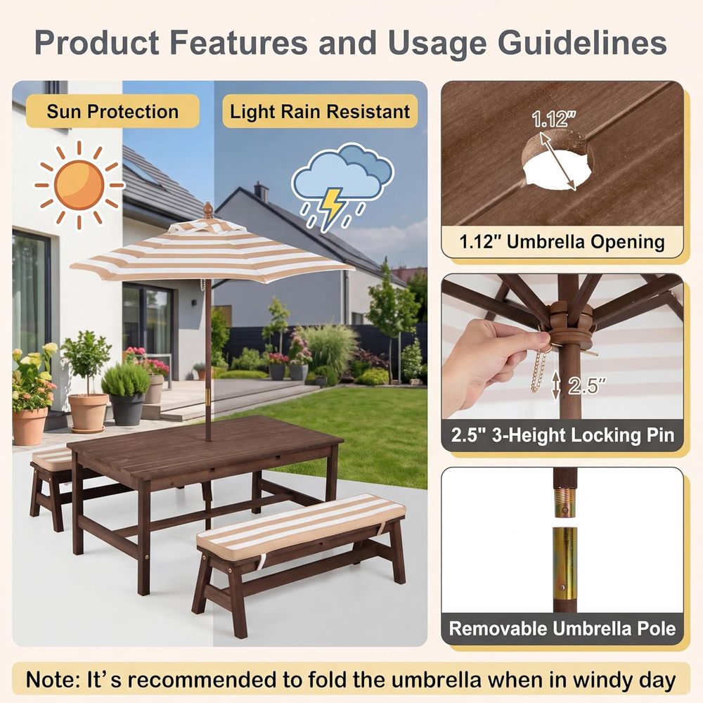طاولة نزهة للأطفال، سطح طاولة  - مراجعة Kids Outdoor Bench With Umbrella وسعره
