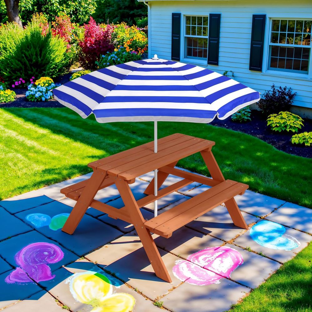 طاولة نزهة خشبية للأطفال مع مظ - مراجعة Kids Outdoor Bench With Umbrella وسعره