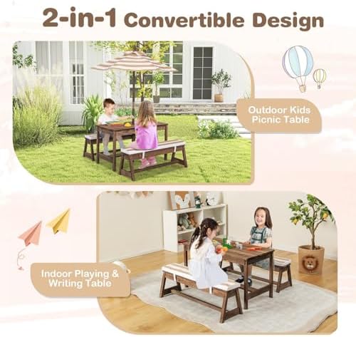 طاولة نزهة للأطفال، طقم طاولة  - مراجعة Kids Outdoor Bench With Umbrella وسعره