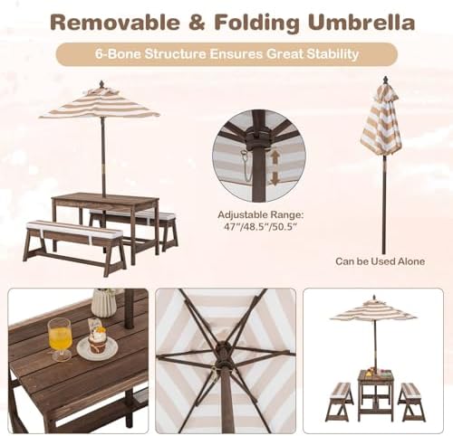 طاولة نزهة للأطفال، طقم طاولة  - مراجعة Kids Outdoor Bench With Umbrella وسعره