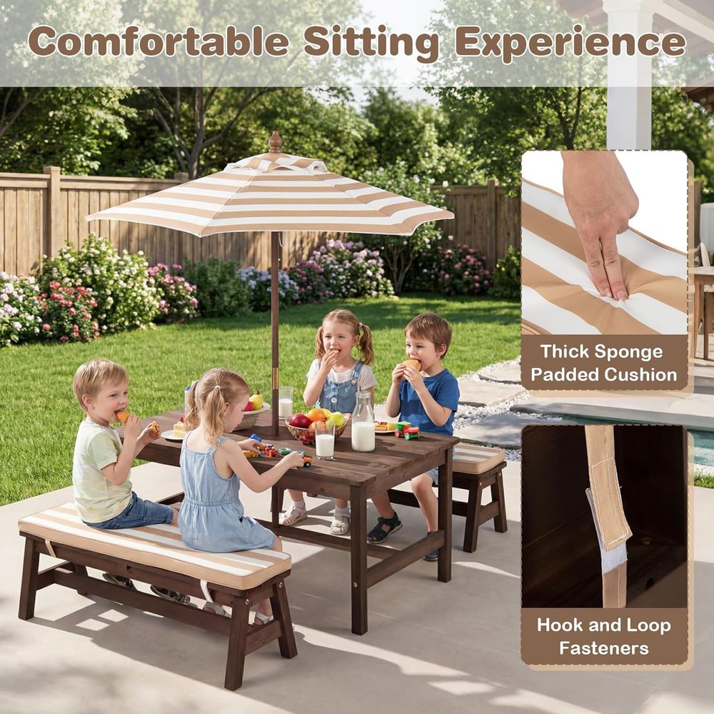 طاولة نزهة للأطفال، طاولة خشبي - مراجعة Kids Outdoor Bench With Umbrella وسعره