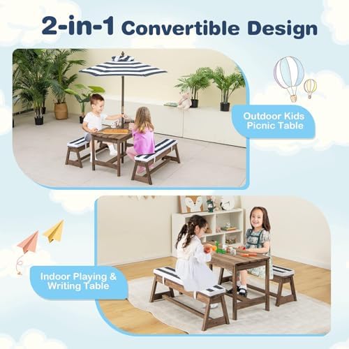 طاولة نزهة للأطفال، طقم طاولة  - مراجعة Kids Outdoor Bench With Umbrella وسعره