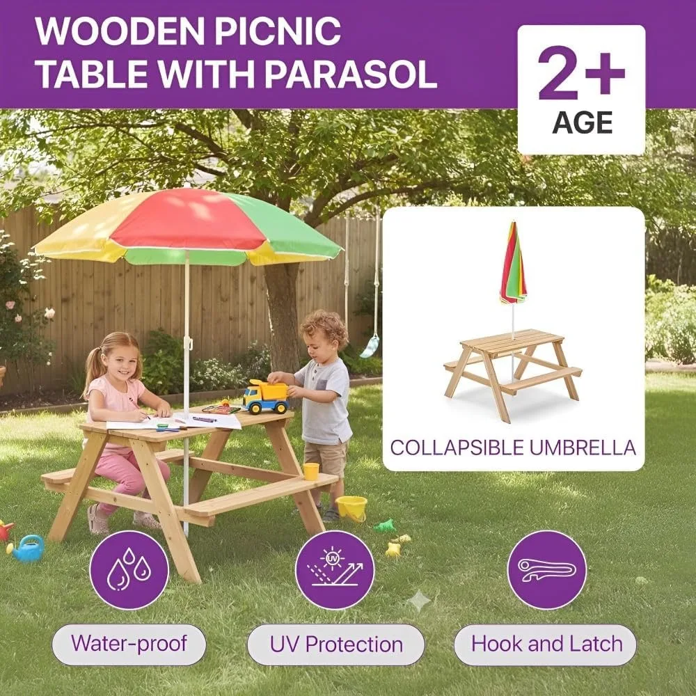 طاولة نزهة خشبية للأطفال مع مظ - مراجعة Kids Outdoor Bench With Umbrella وسعره