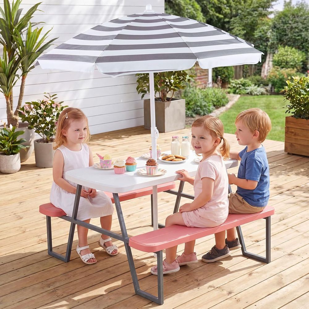 طاولة نزهة للأطفال، طاولة ومقع - مراجعة Kids Outdoor Bench With Umbrella وسعره