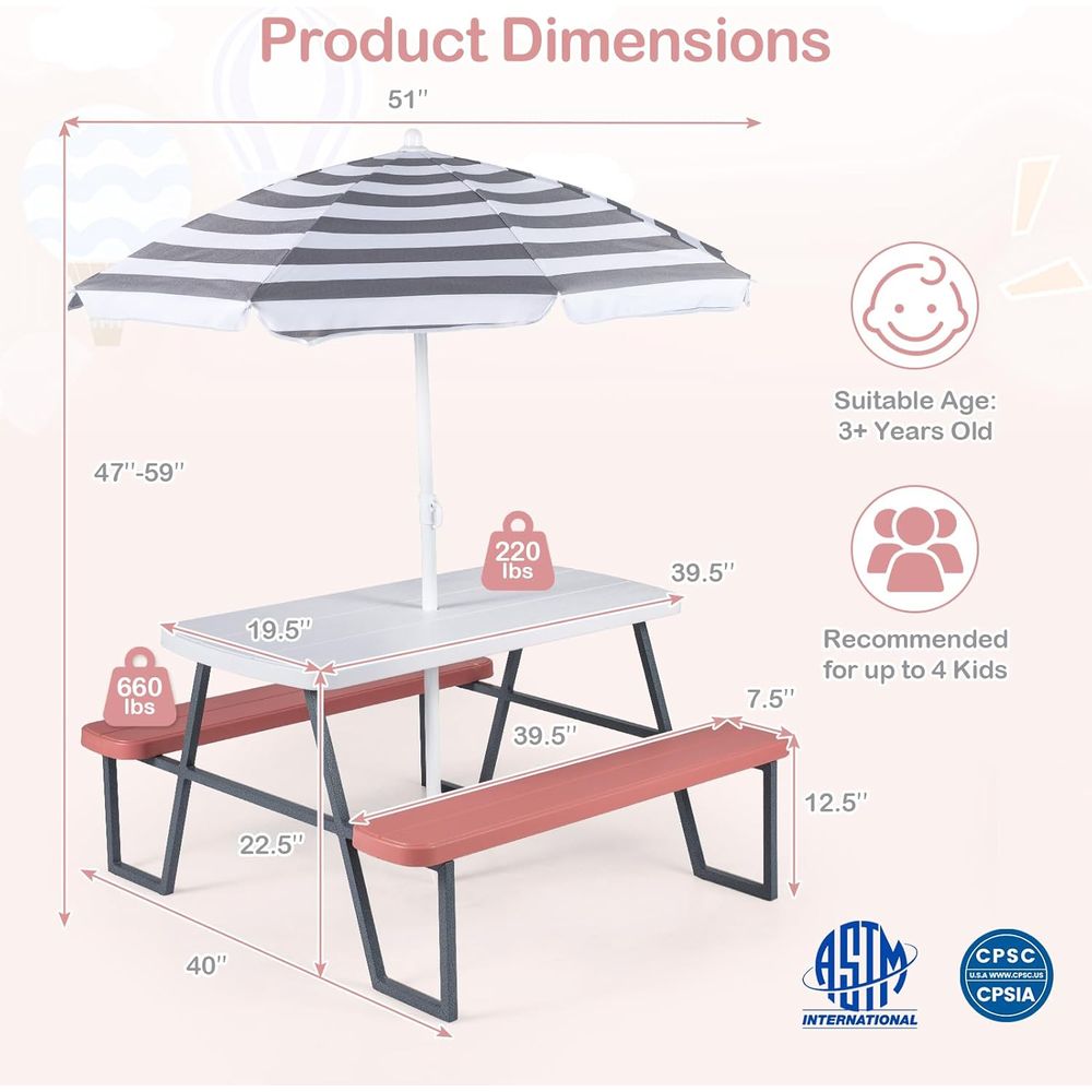 طاولة نزهة للأطفال، طاولة ومقع - مراجعة Kids Outdoor Bench With Umbrella وسعره
